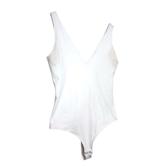 ReoRia Double Plunge V Neck Sleeveless Butsmooth Tank Bodysuit White Large - Picture 2 of 5